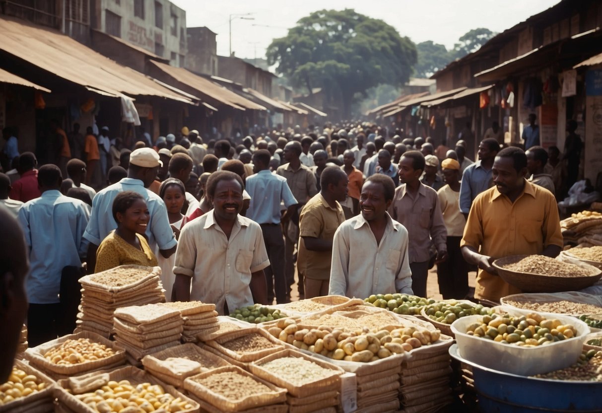 people at a market in zimbabwe with the zig buying potatoes