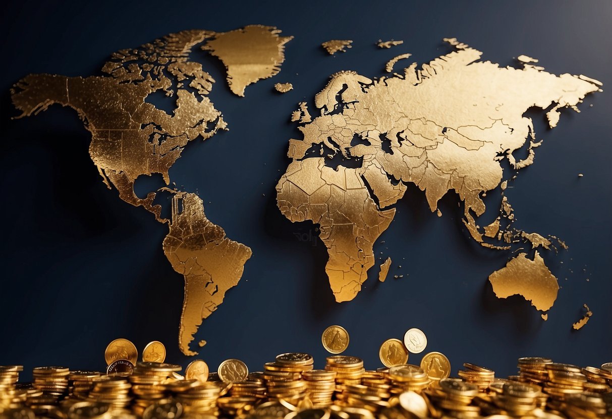 wall decor of the map of the world with gold coins in the foreground