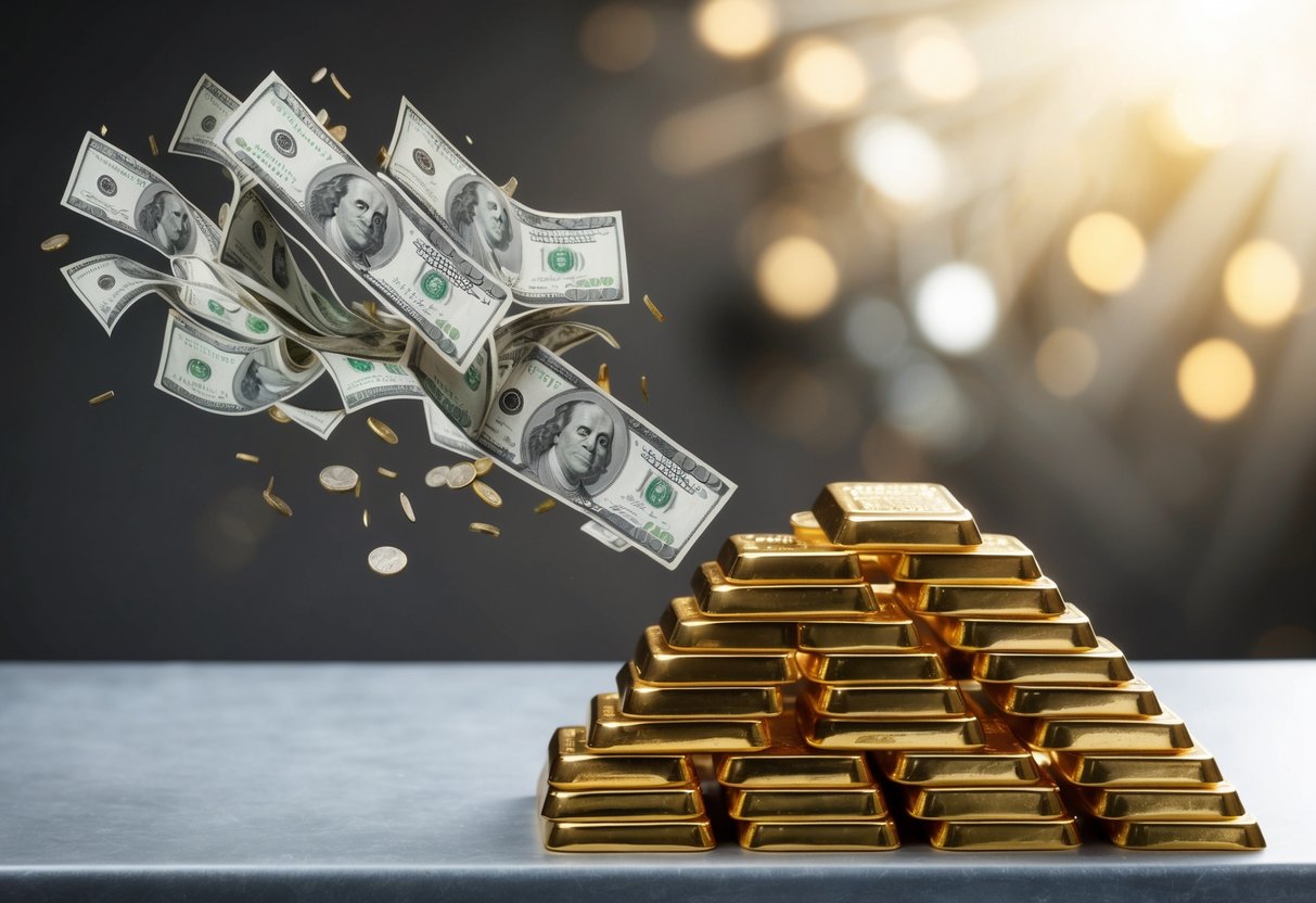 cash bills inflating away as gold stacks high on the table