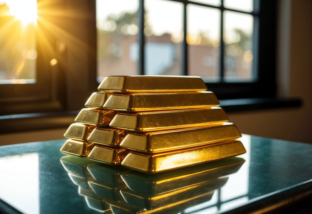 gold bars on a table with a beautiful sunset in the background