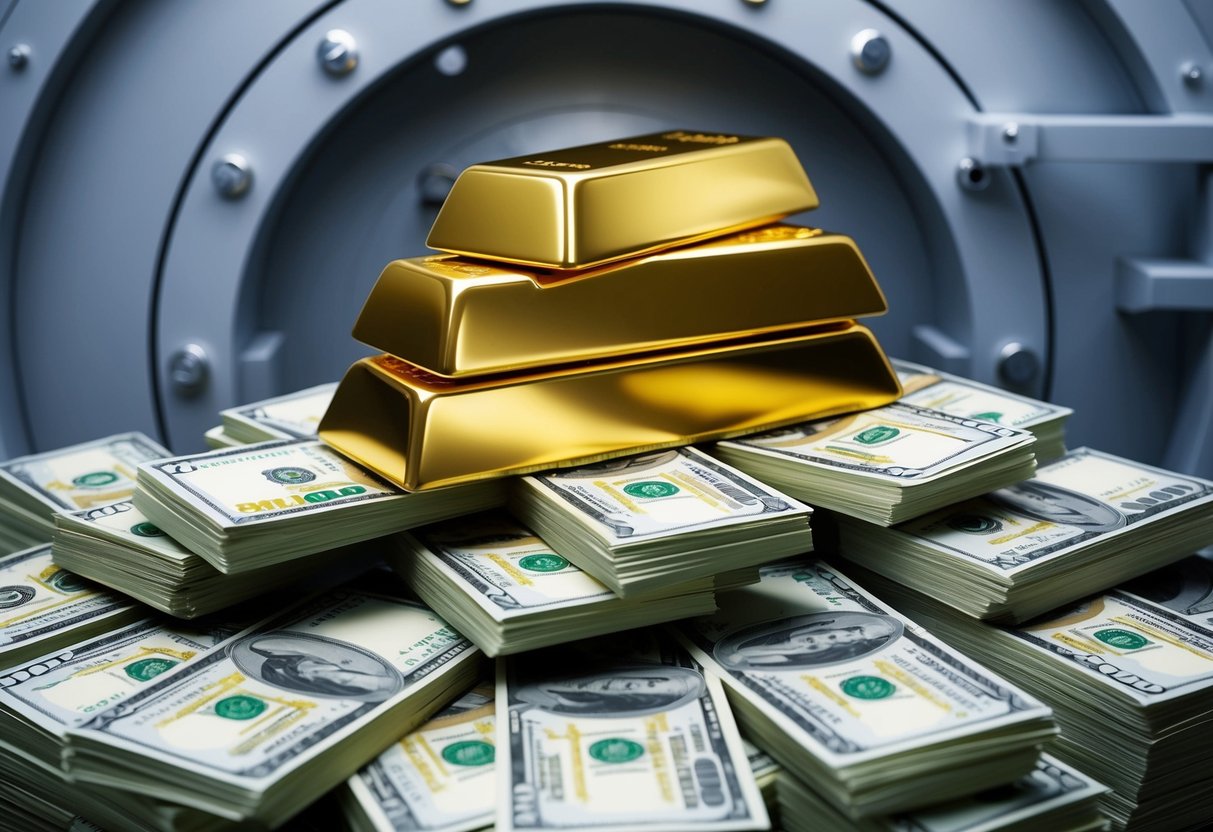 stacks of cash and gold on a table in front of a vault savings door