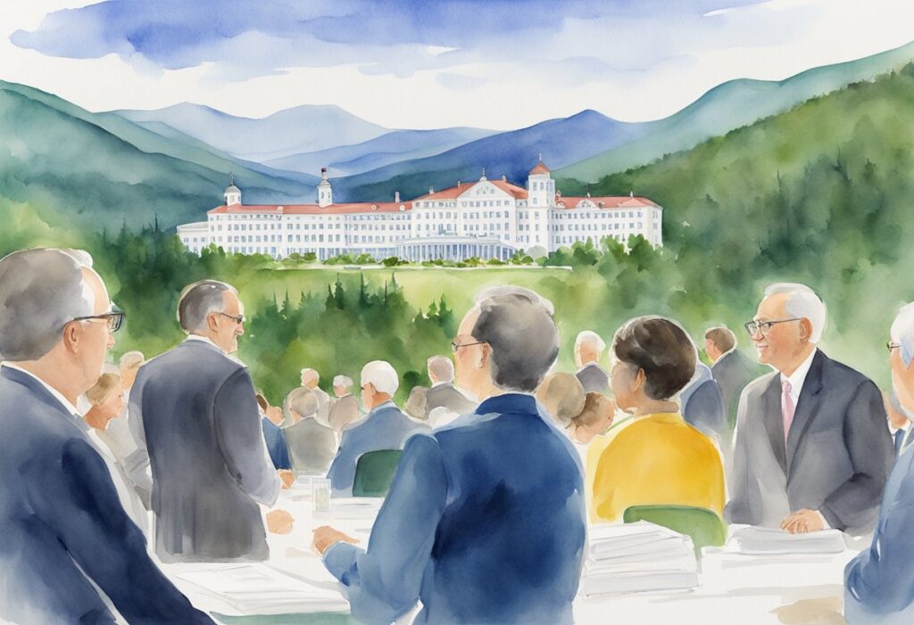 global politiicians gather in Bretton Woods in 1944 to establish a new monetary system