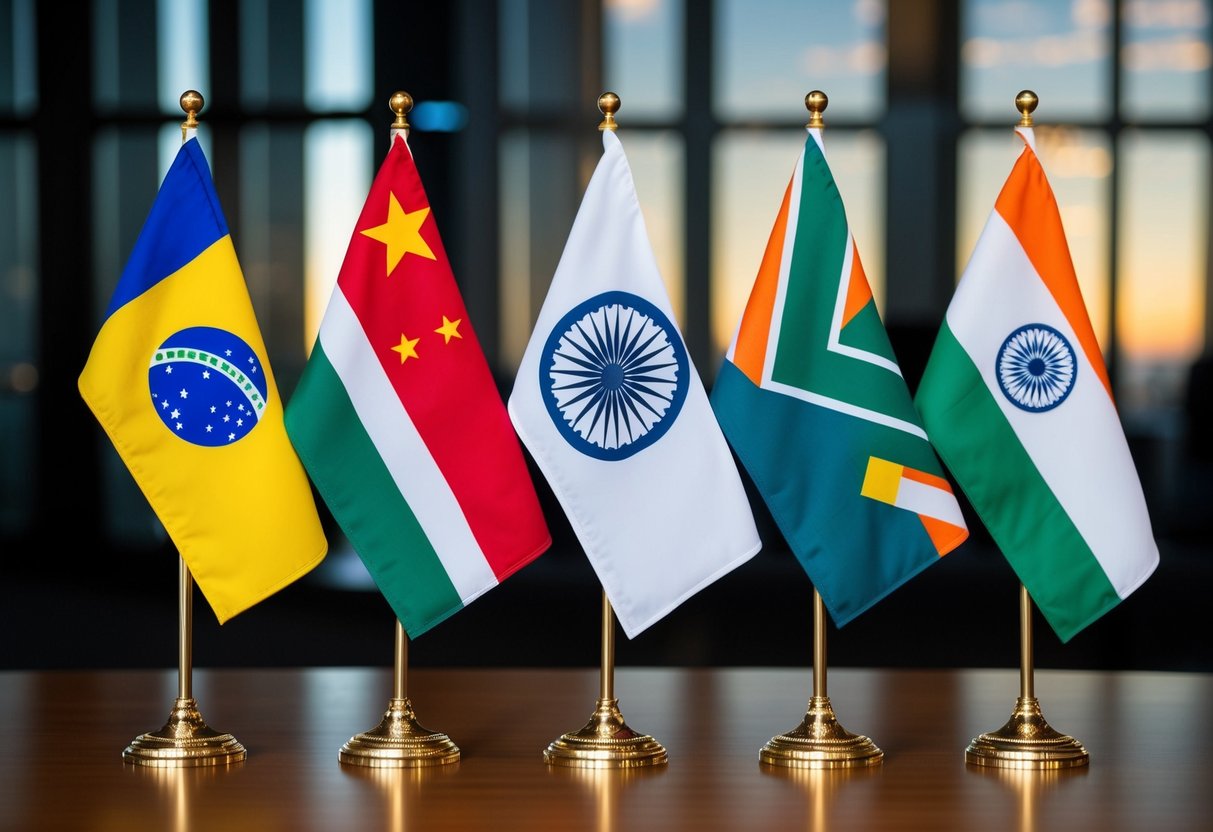 The flags of Brazil, Russia, India, China, and South Africa stand together in a row, symbolizing the countries that have joined BRICS