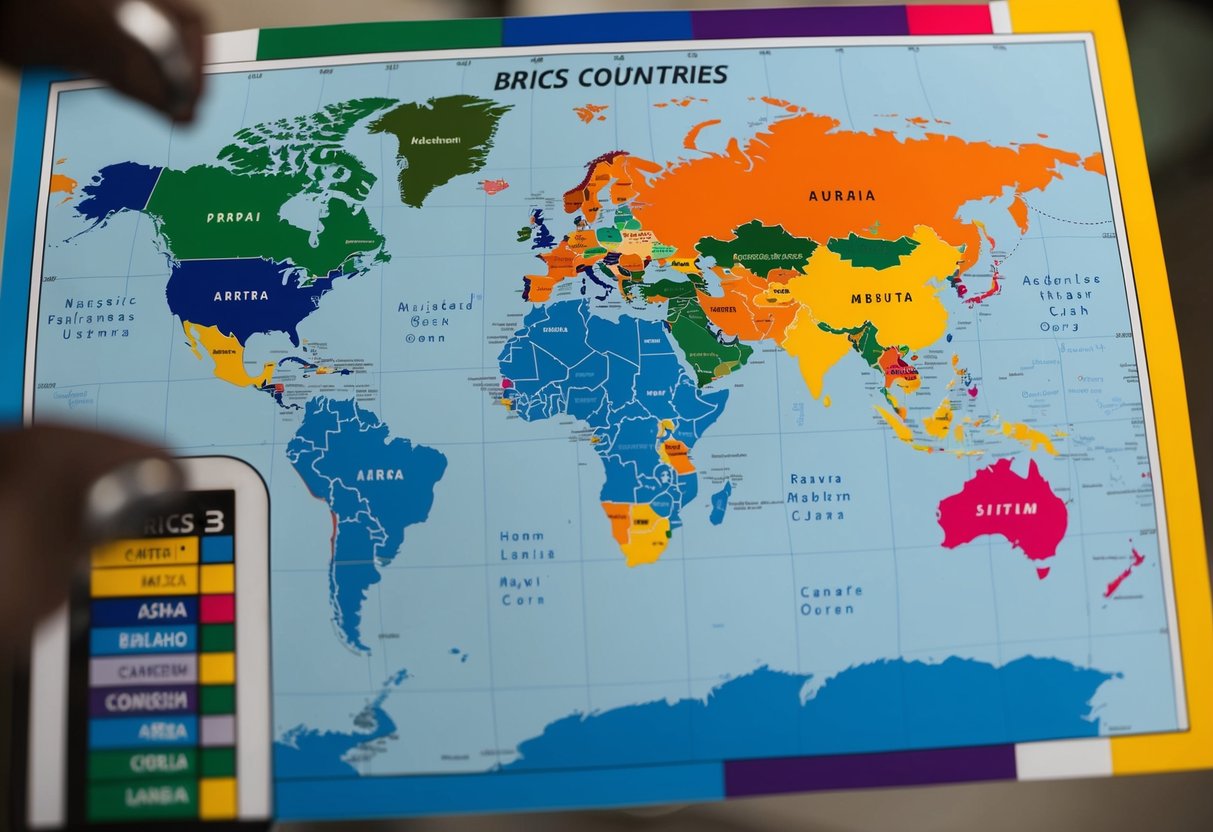 The five BRICS countries are depicted on a world map, with each country highlighted in a different color. The map also includes a key indicating the names of the countries