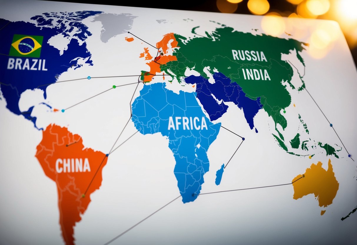 A map showcasing Brazil, Russia, India, China, and South Africa interconnected by lines to represent the BRICS alliance