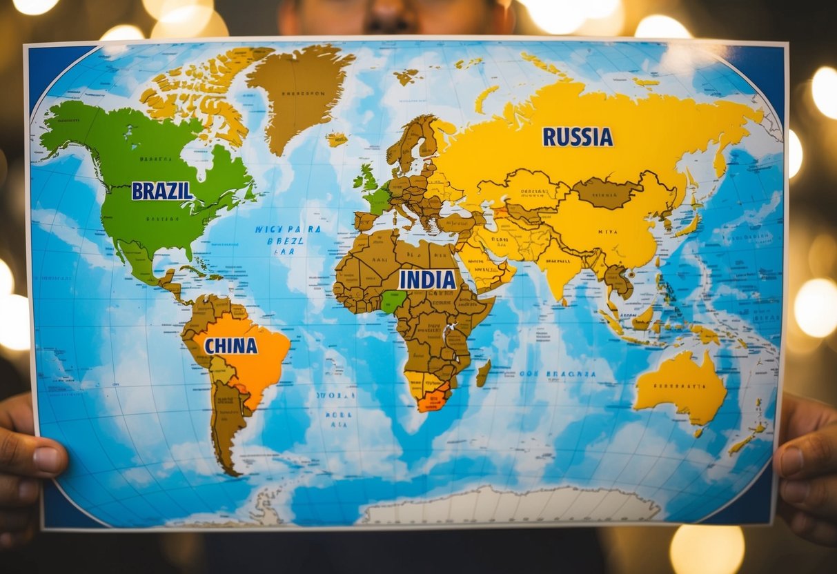 A world map with highlighted regions of Brazil, Russia, India, China, and South Africa