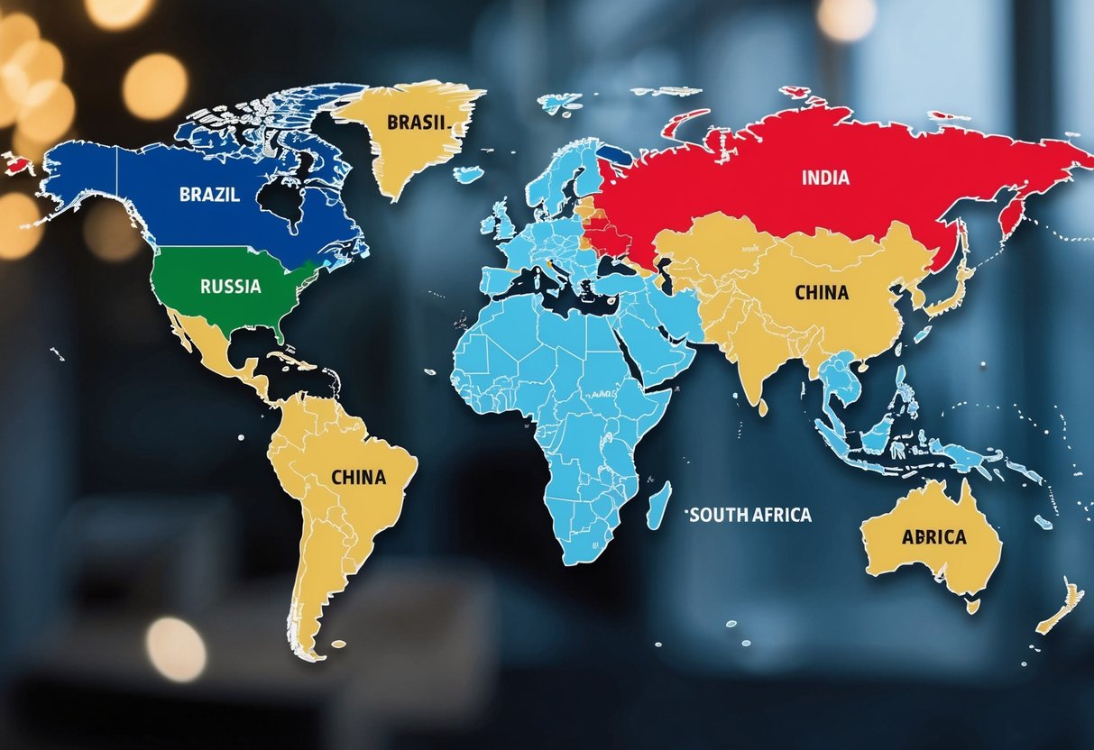 A world map with highlighted borders of Brazil, Russia, India, China, and South Africa, representing the countries that have joined BRICS