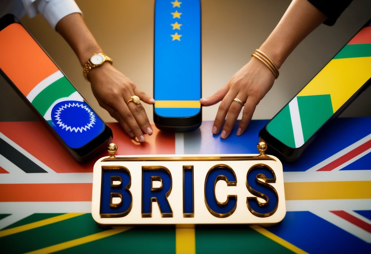 A group of five countries (Brazil, Russia, India, China, South Africa) come together in a symbolic formation, representing their partnership as part of BRICS