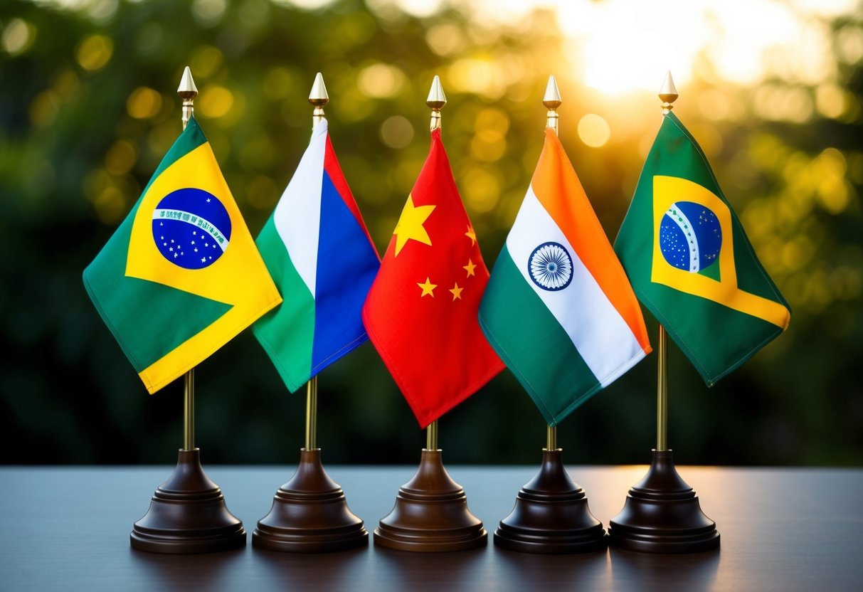 A group of five flags representing Brazil, Russia, India, China, and South Africa stand together in unity, symbolizing the countries that have joined BRICS