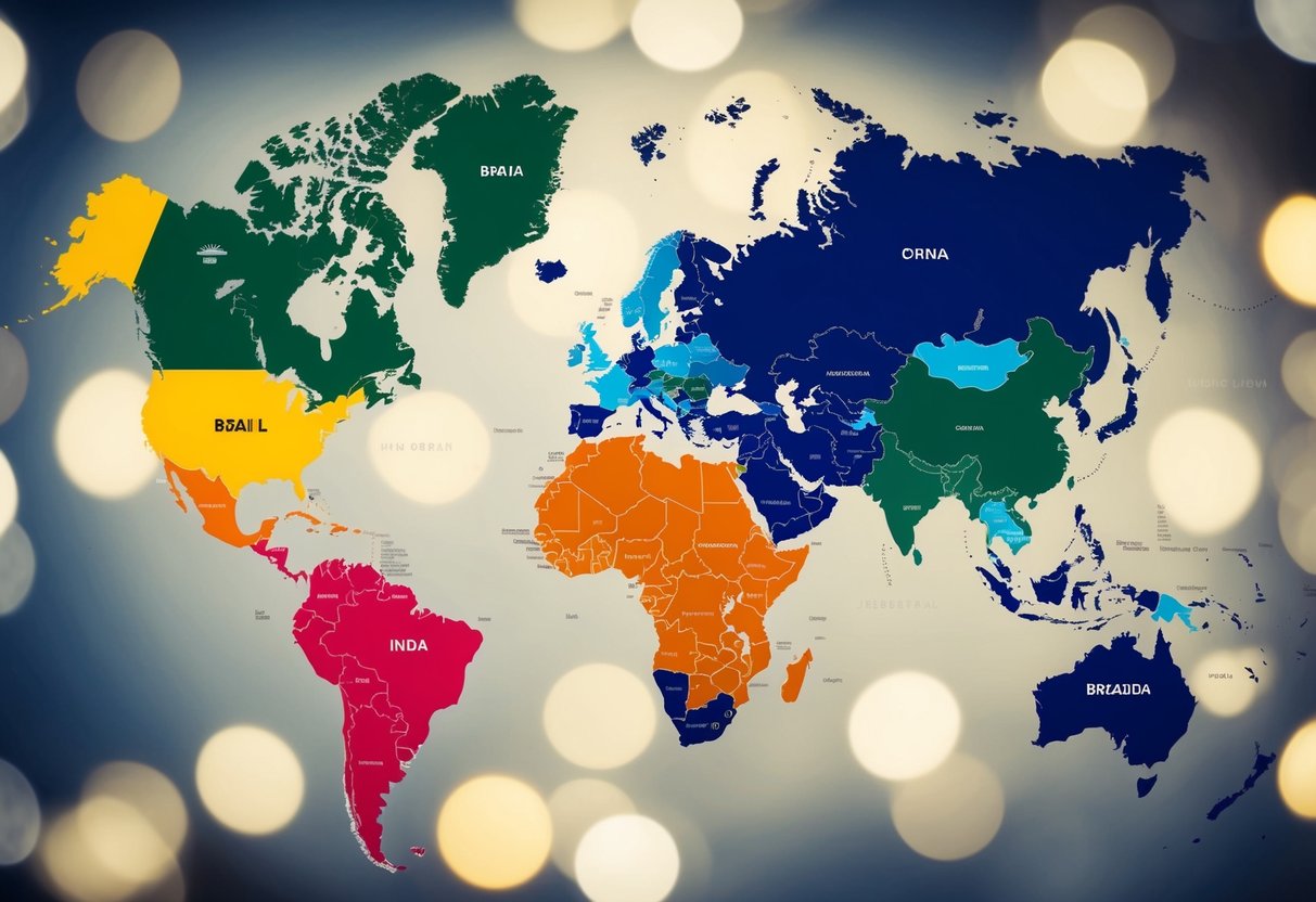 A world map with highlighted areas representing Brazil, Russia, India, China, and South Africa