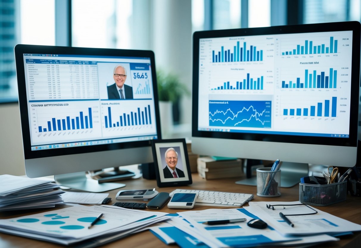 desk and computer of financial results of Warren Buffet selling bank stocks