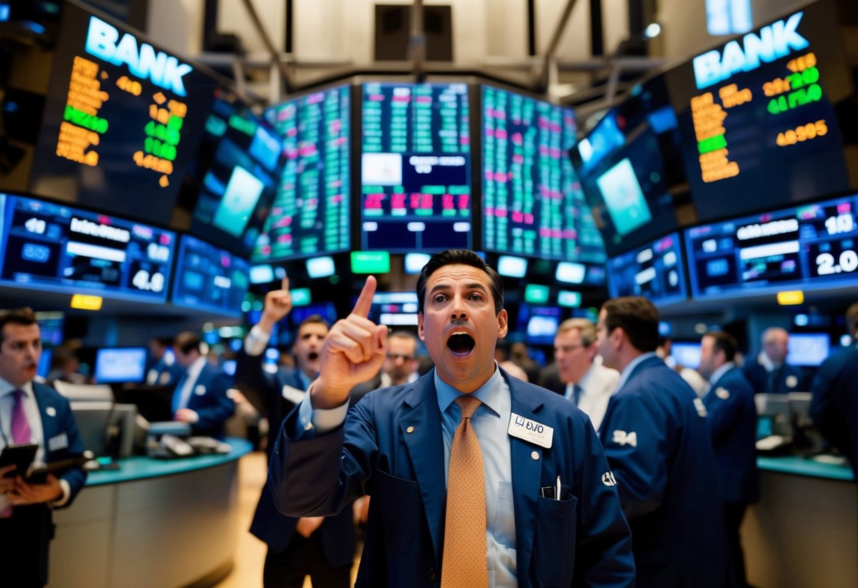 floor trader at stock exchange selling bank stocks