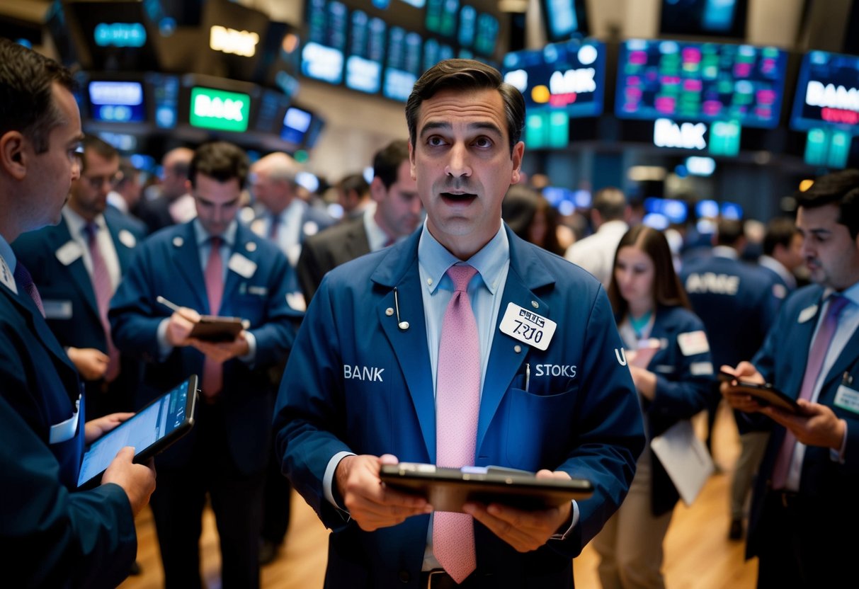 man at stock exchange looking at bank stocks being sold