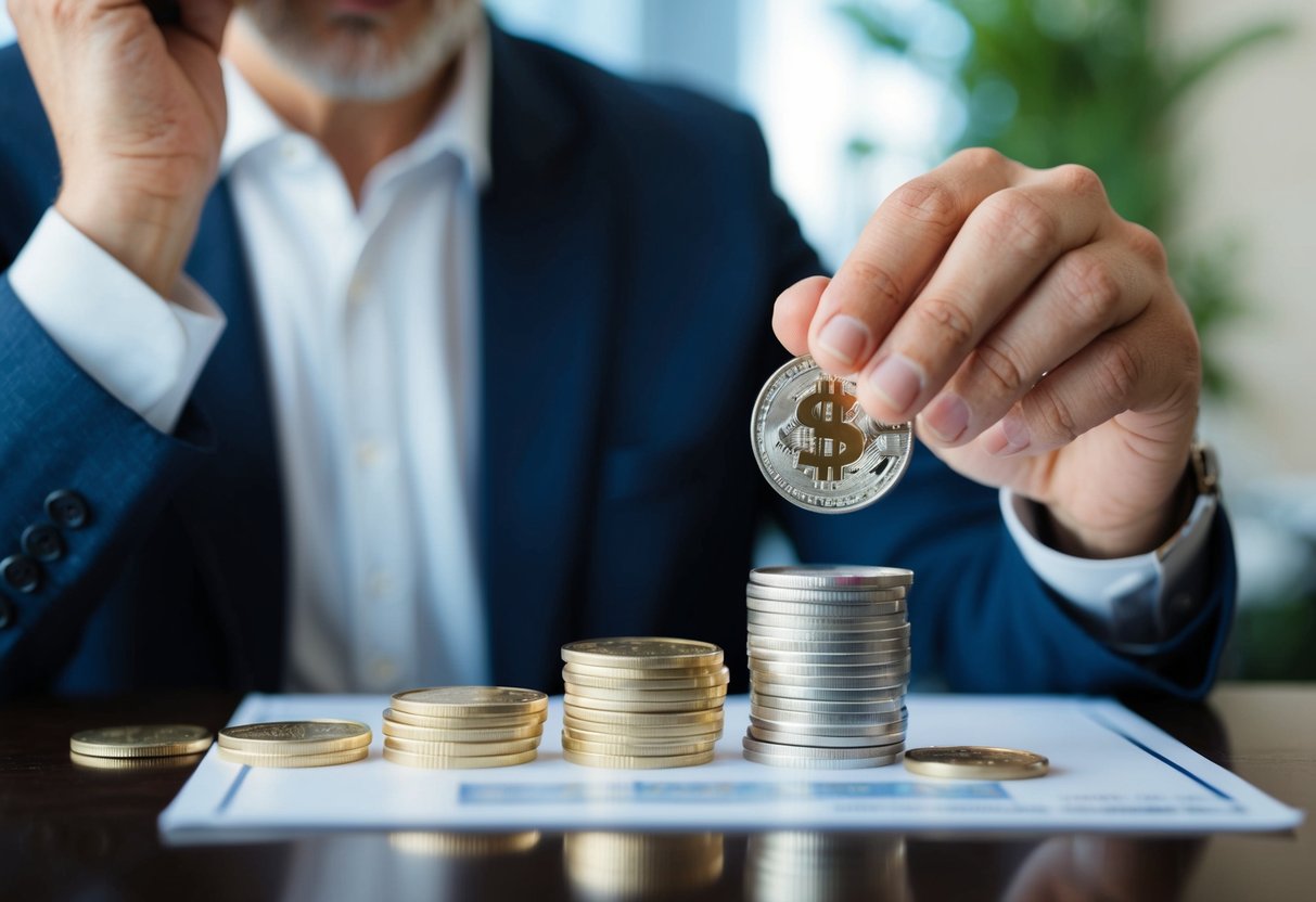 man on the phone stacking up coins of real money