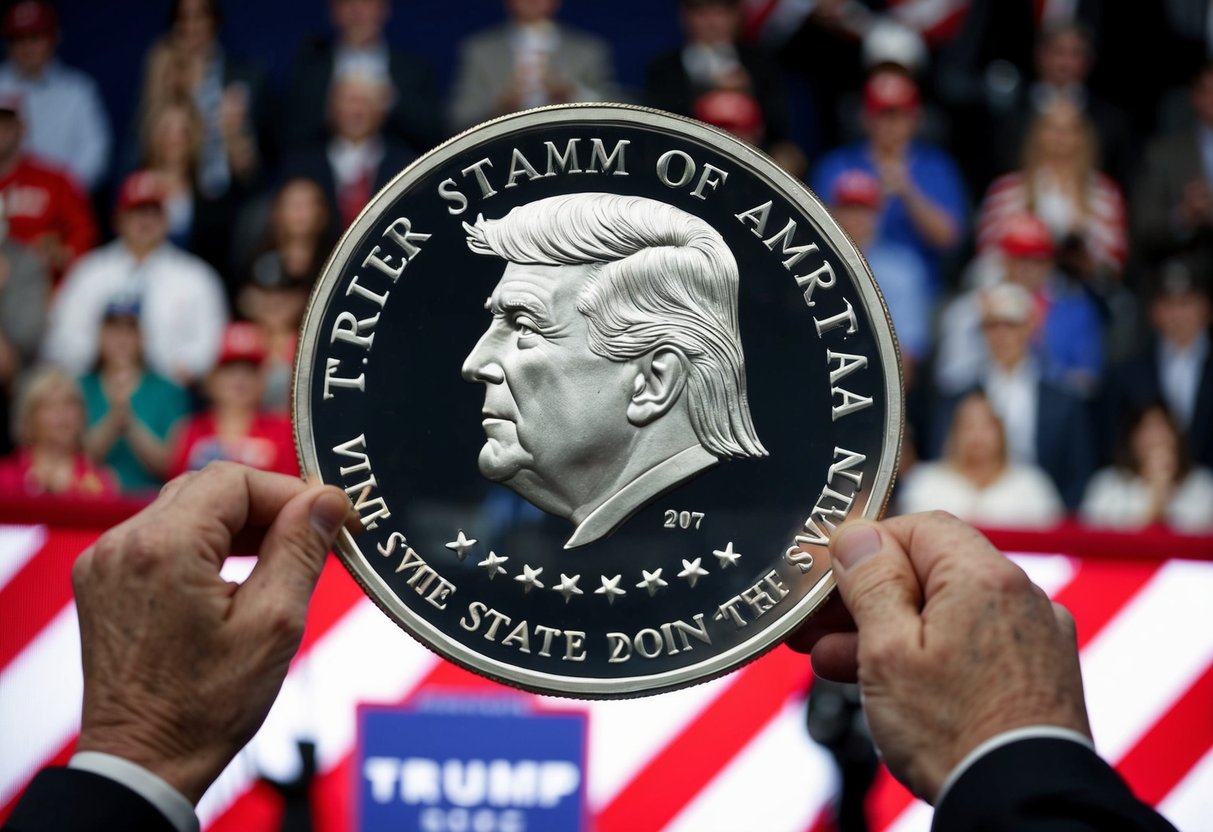 old hands holding massive coin with trumps face