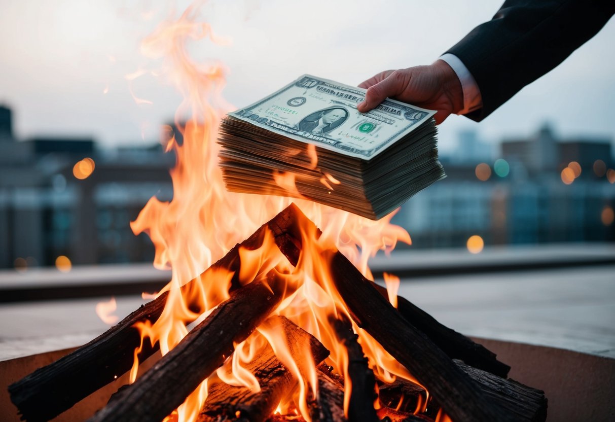 paper cash being thrown into a fire because cash is trash and gold is real money