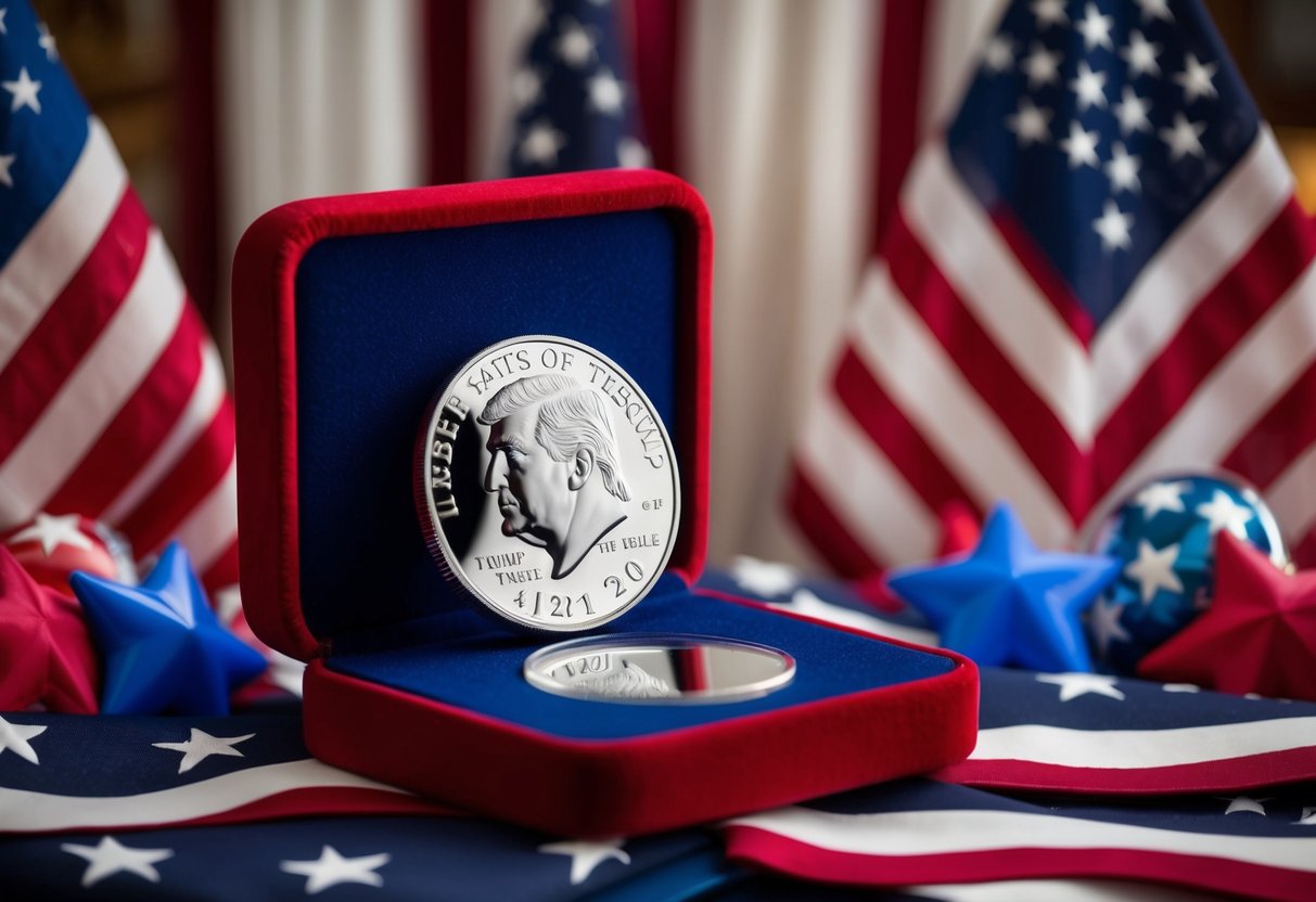 trump coin in a box with american flags