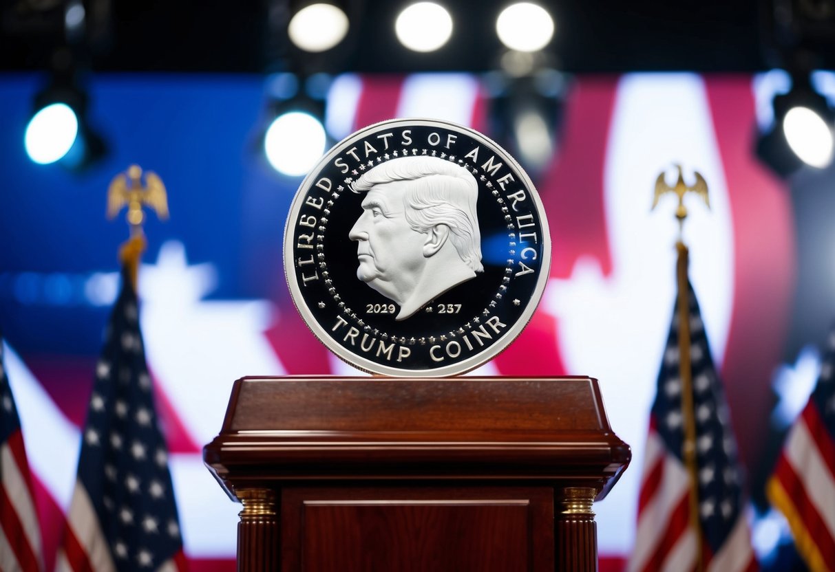 trump silver coin at the podium