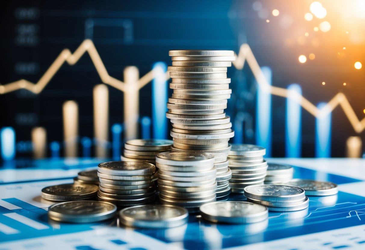A stack of silver coins and bars surrounded by economic indicators and graphs