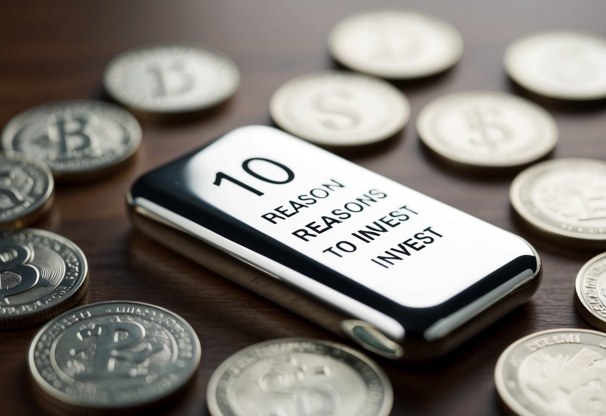 A shiny silver bar surrounded by 10 symbolic reasons to invest