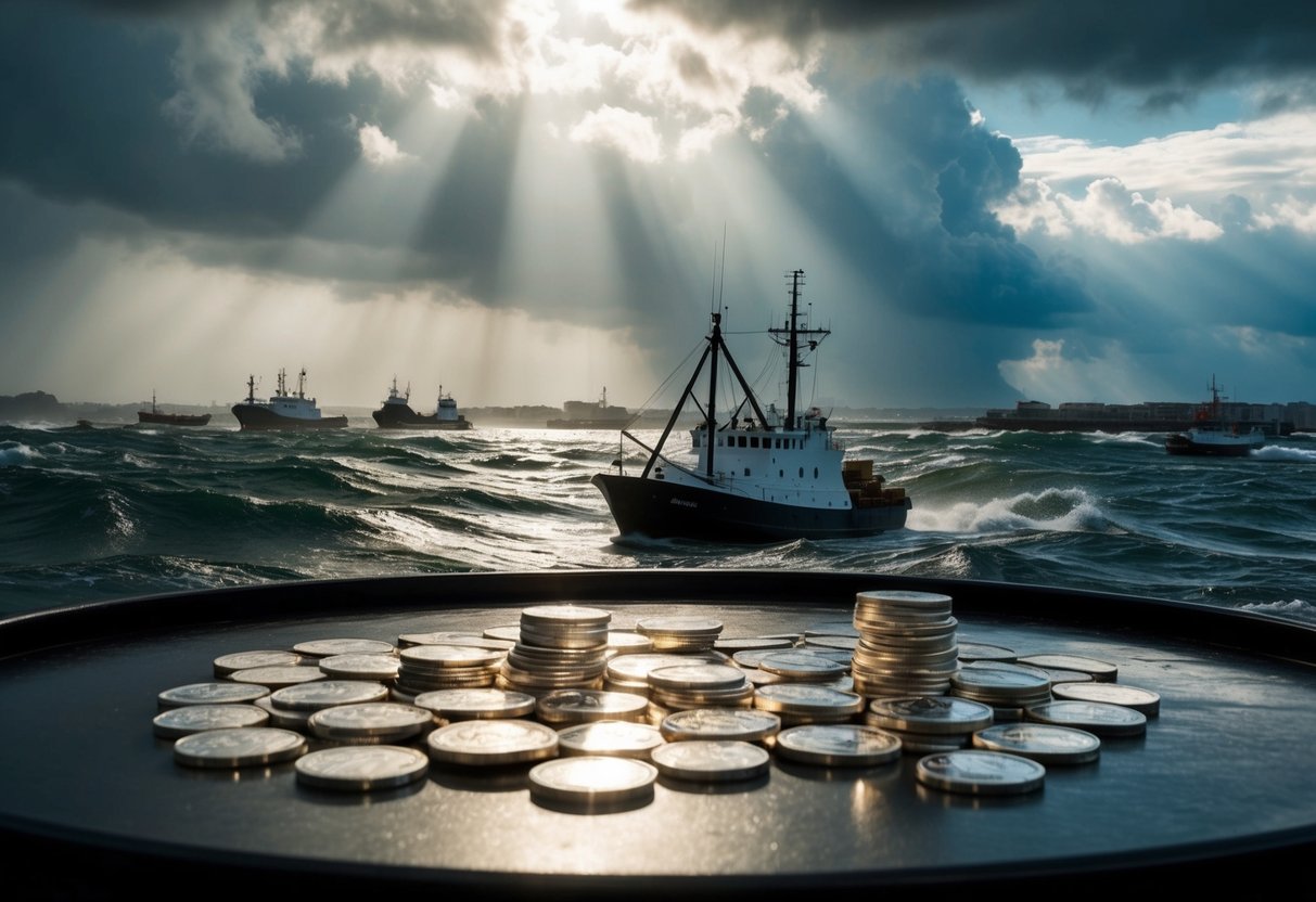 A peaceful harbor amidst turbulent seas, with silver coins and bars scattered on a sturdy table, reflecting the rays of sunlight breaking through the storm clouds