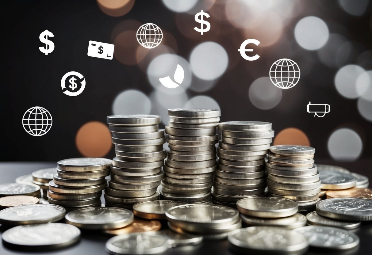 A pile of silver coins and bars surrounded by various global currency symbols