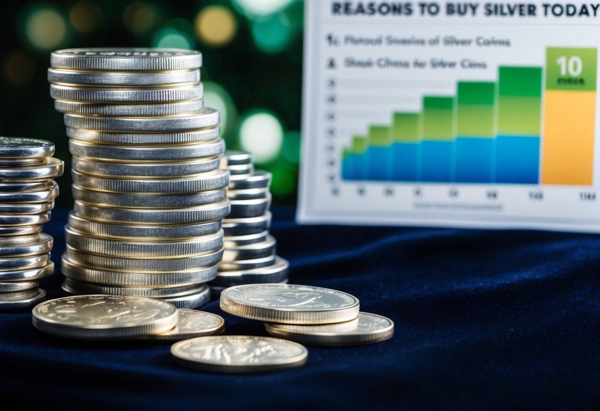 A stack of gleaming silver coins and bars arranged on a dark velvet background, with a historical timeline chart and a list of 10 reasons to buy silver today