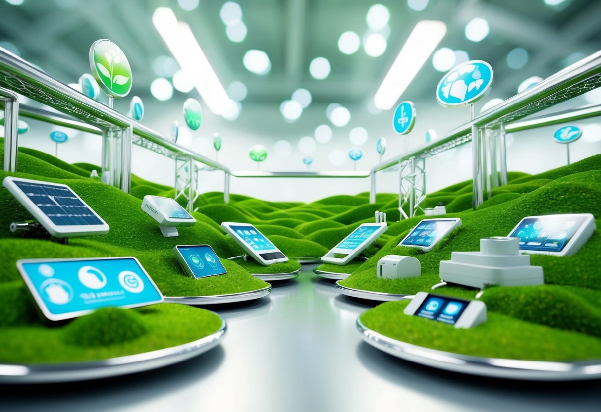 A lush green landscape with various eco-friendly technologies on display, surrounded by silver metallic accents
