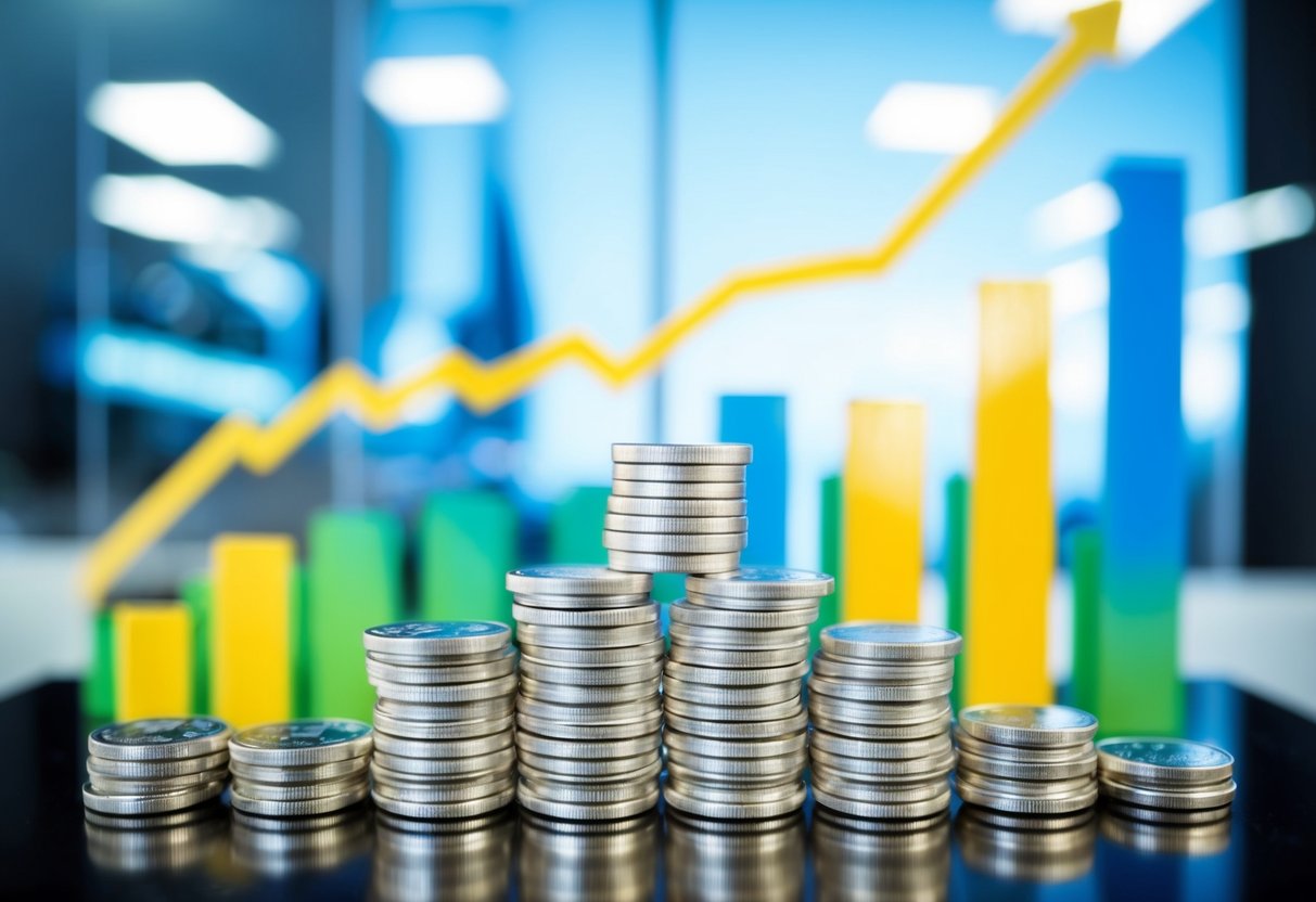 A stack of shiny silver coins and bars arranged in a display, surrounded by charts and graphs showing upward trends