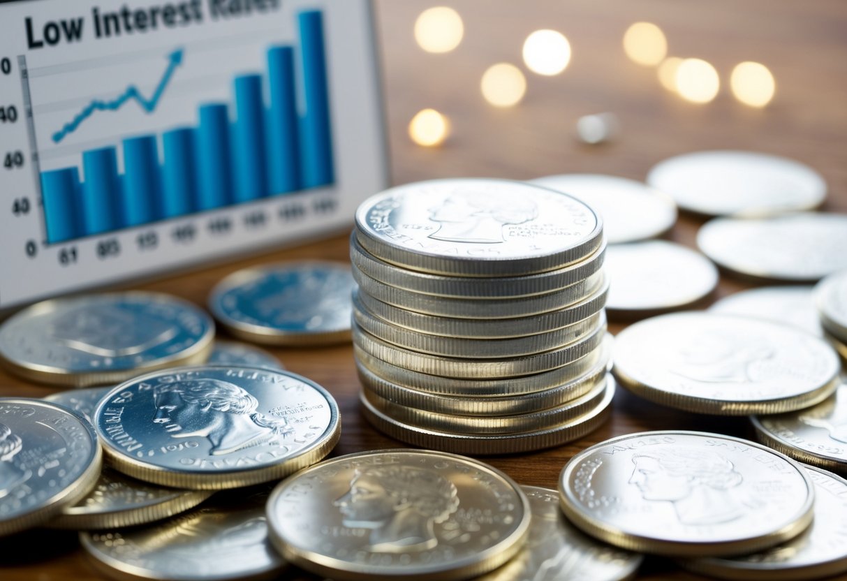 A stack of silver coins surrounded by a chart showing low interest rates and a list of 10 reasons to buy silver