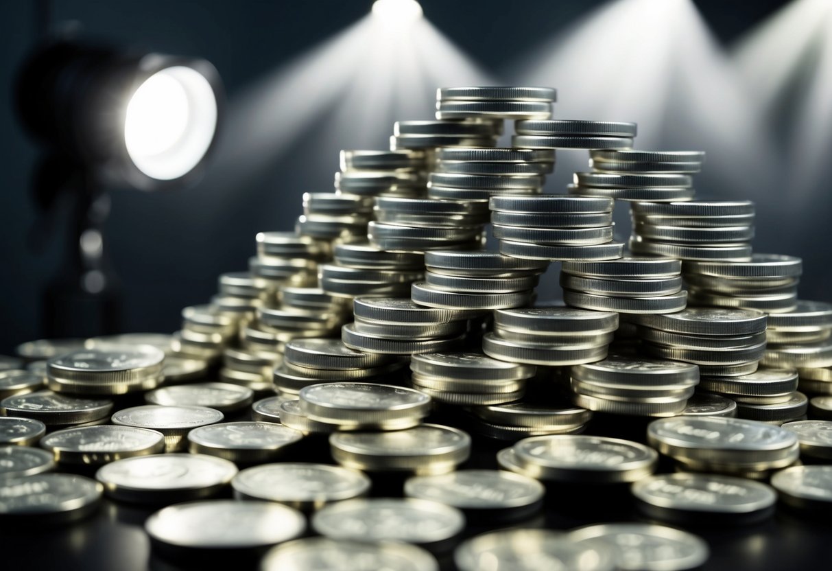 A pile of silver coins and bars arranged in a neat and orderly display, with a spotlight highlighting their lustrous shine