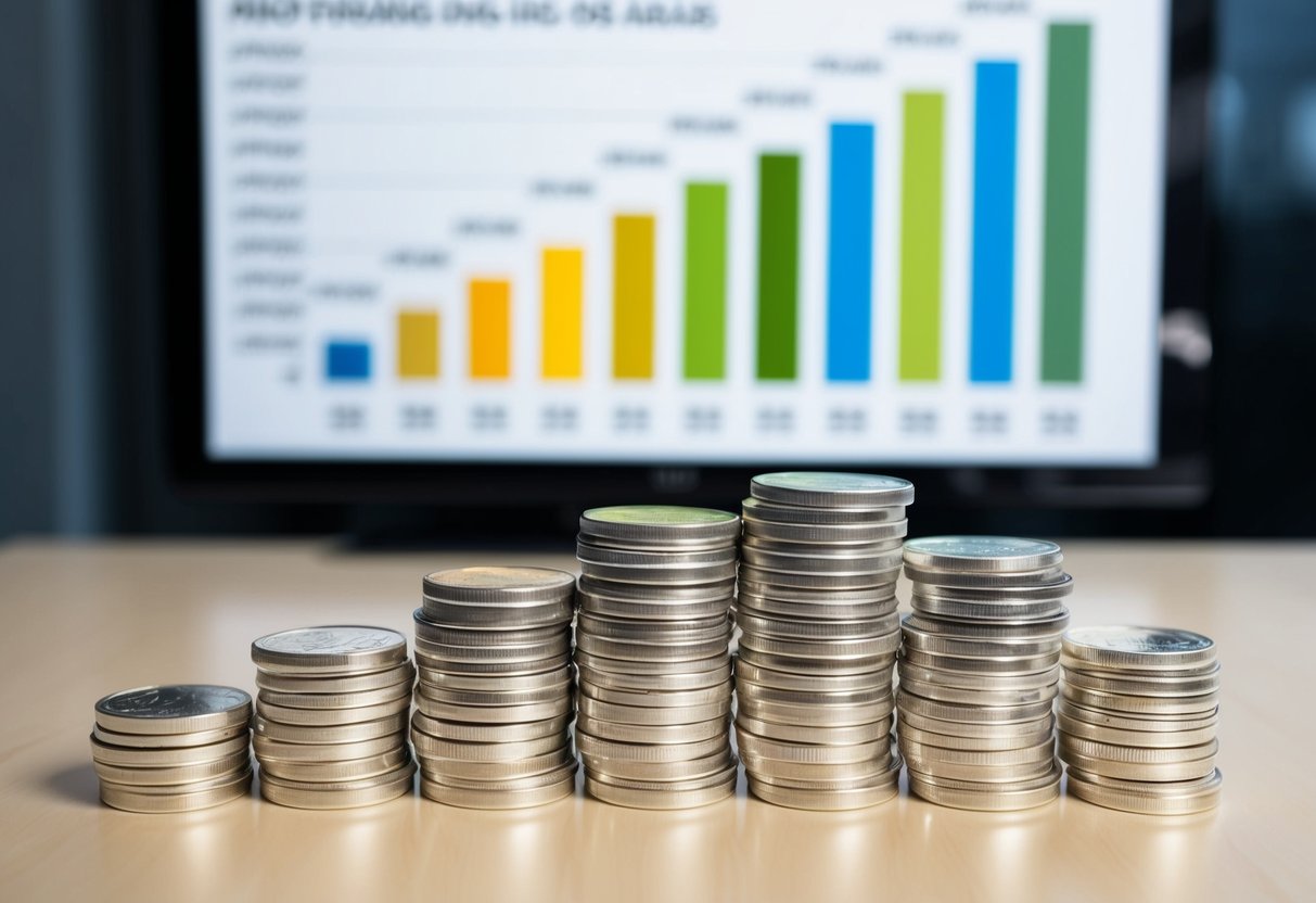 A stack of silver coins and bars arranged on a table, with a chart showing increasing value in the background