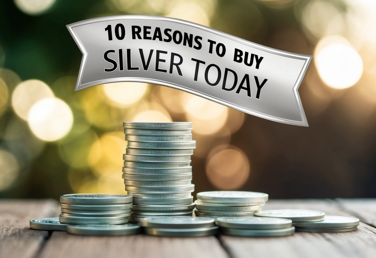 A stack of silver coins with a "10 reasons to buy silver today" banner