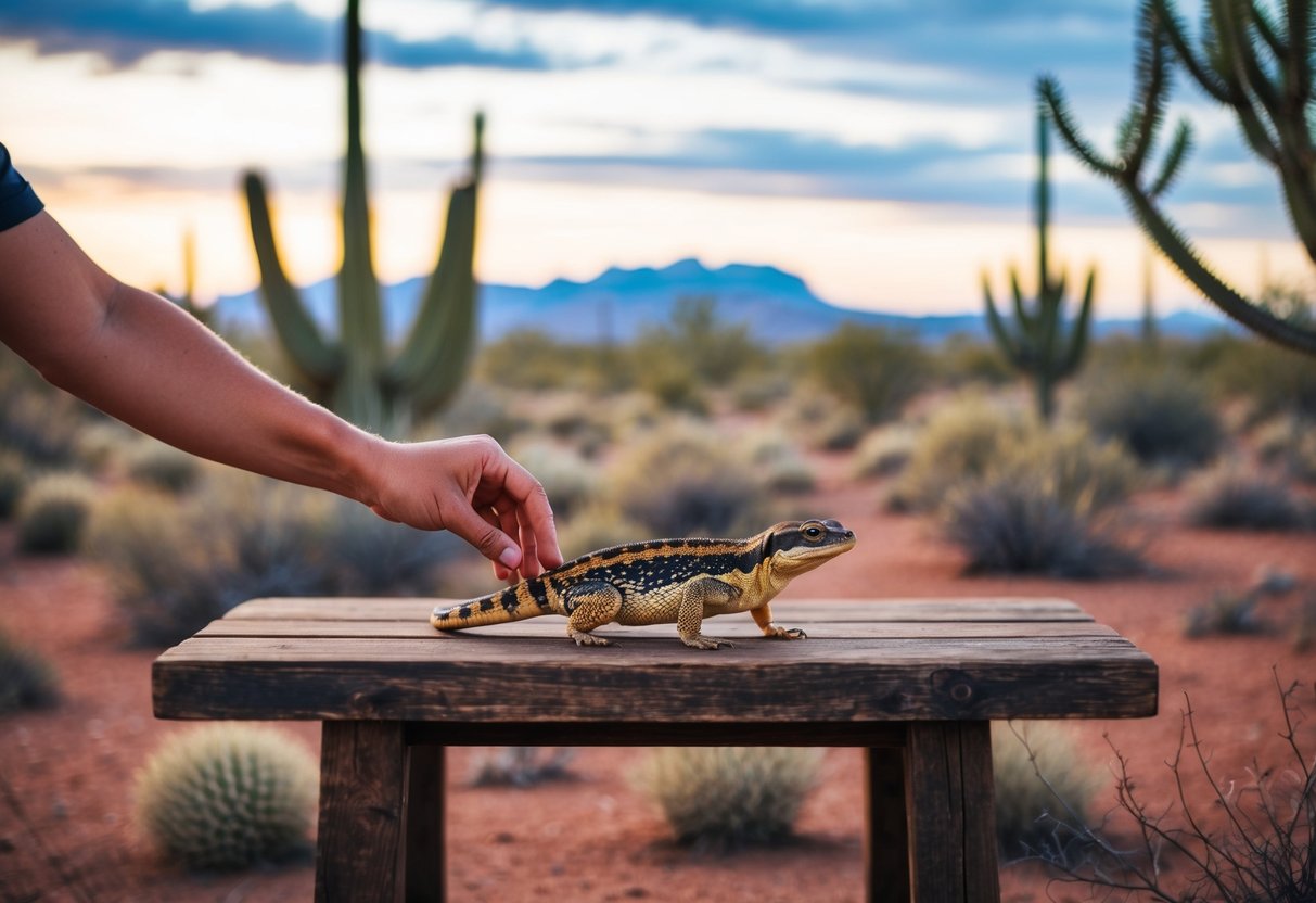 man petting a lizard in arizona