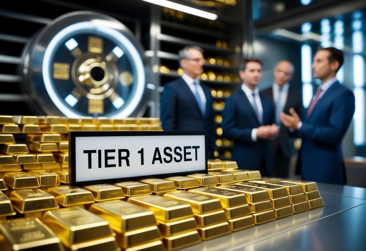 businessmen discussing gold bars on the table with the sign reading tier 1 asset