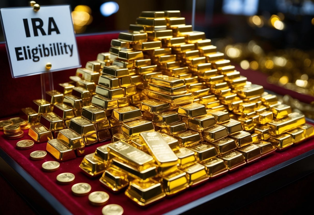 gold bars and coins on a table with the sign that reads IRA eligable