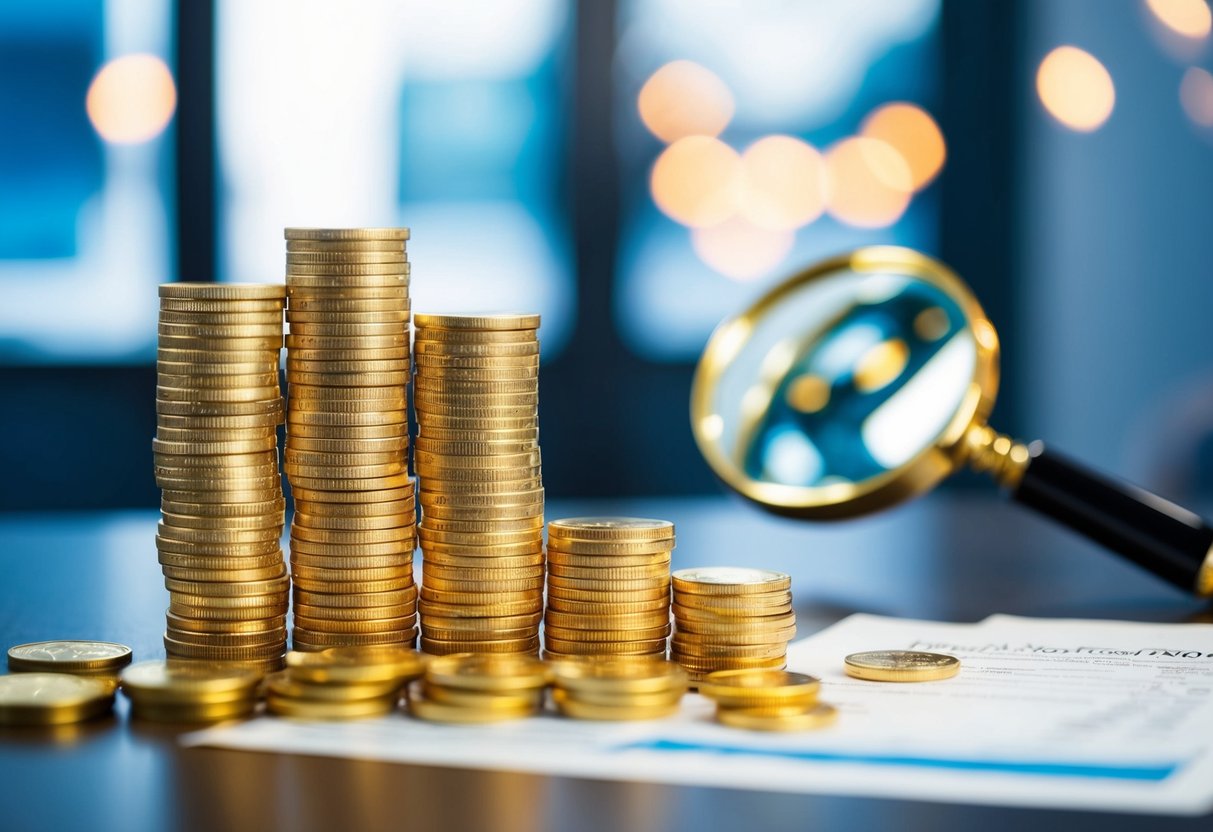 gold coins on a table with a magnifying glass near it