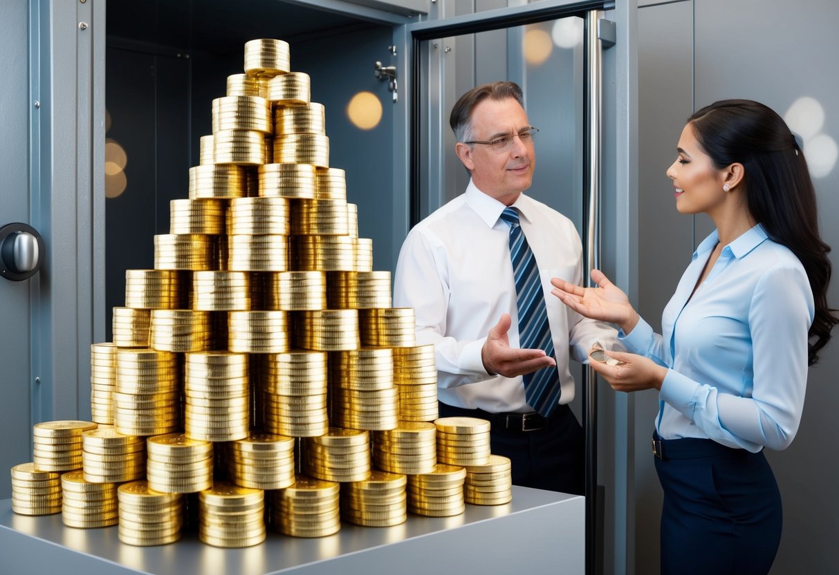 man and woman talking next to a stack of gold coins