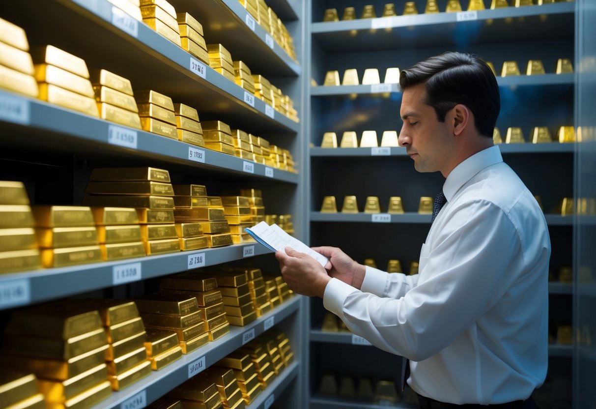 man checking the gold bars stored in a safe stacked up high