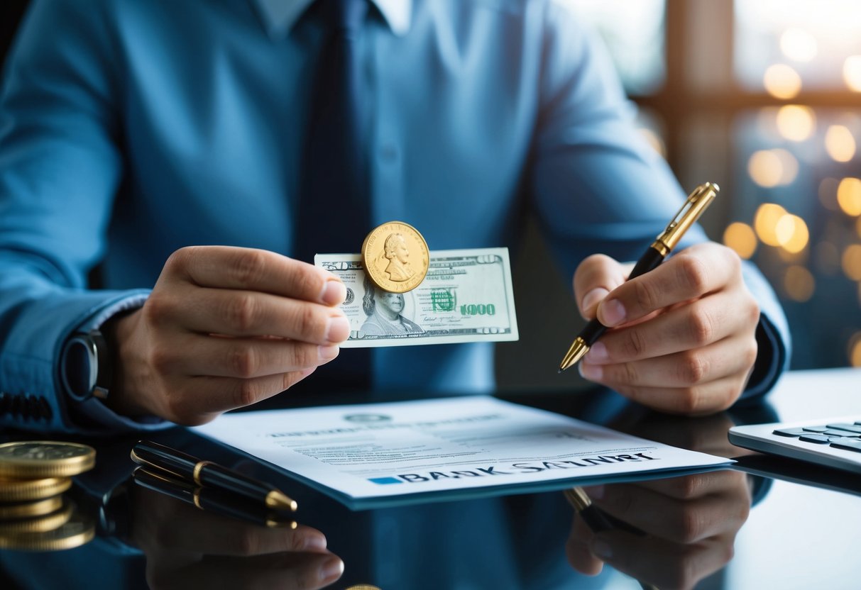 man holding a bill that is morphing into a gold coin as someone opens a gold ira