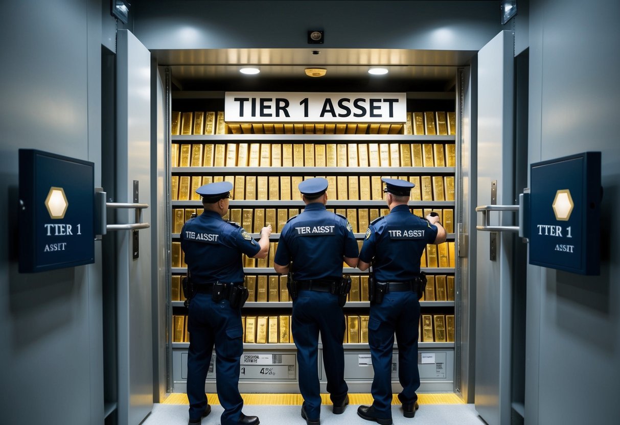 police looking at a bunch of gold bars on shelves with the label tier 1 asset