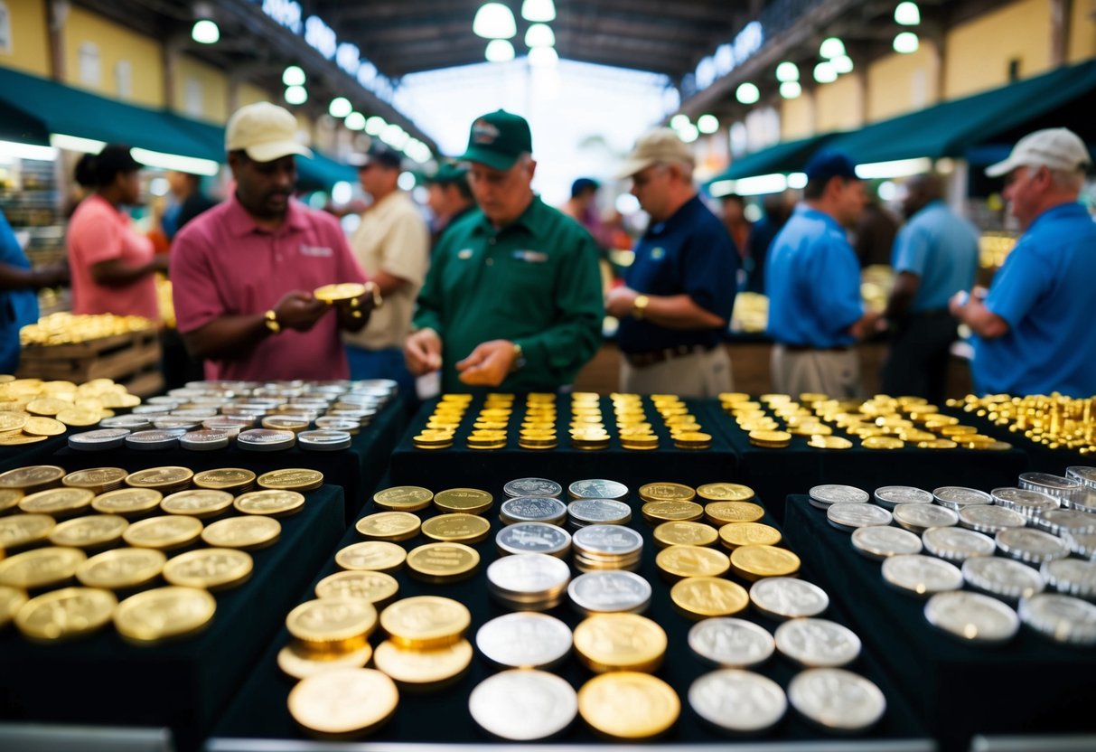 people at a market using gold and silver to purchase goods