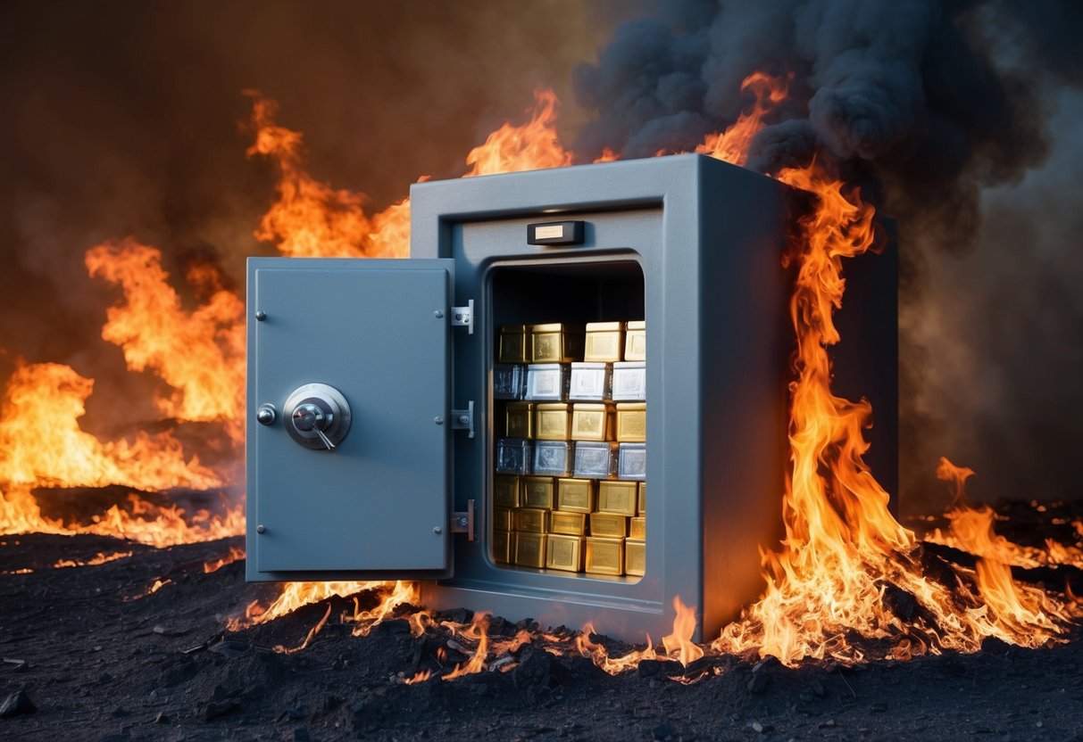 A safe full of gold and silver in a wildfire