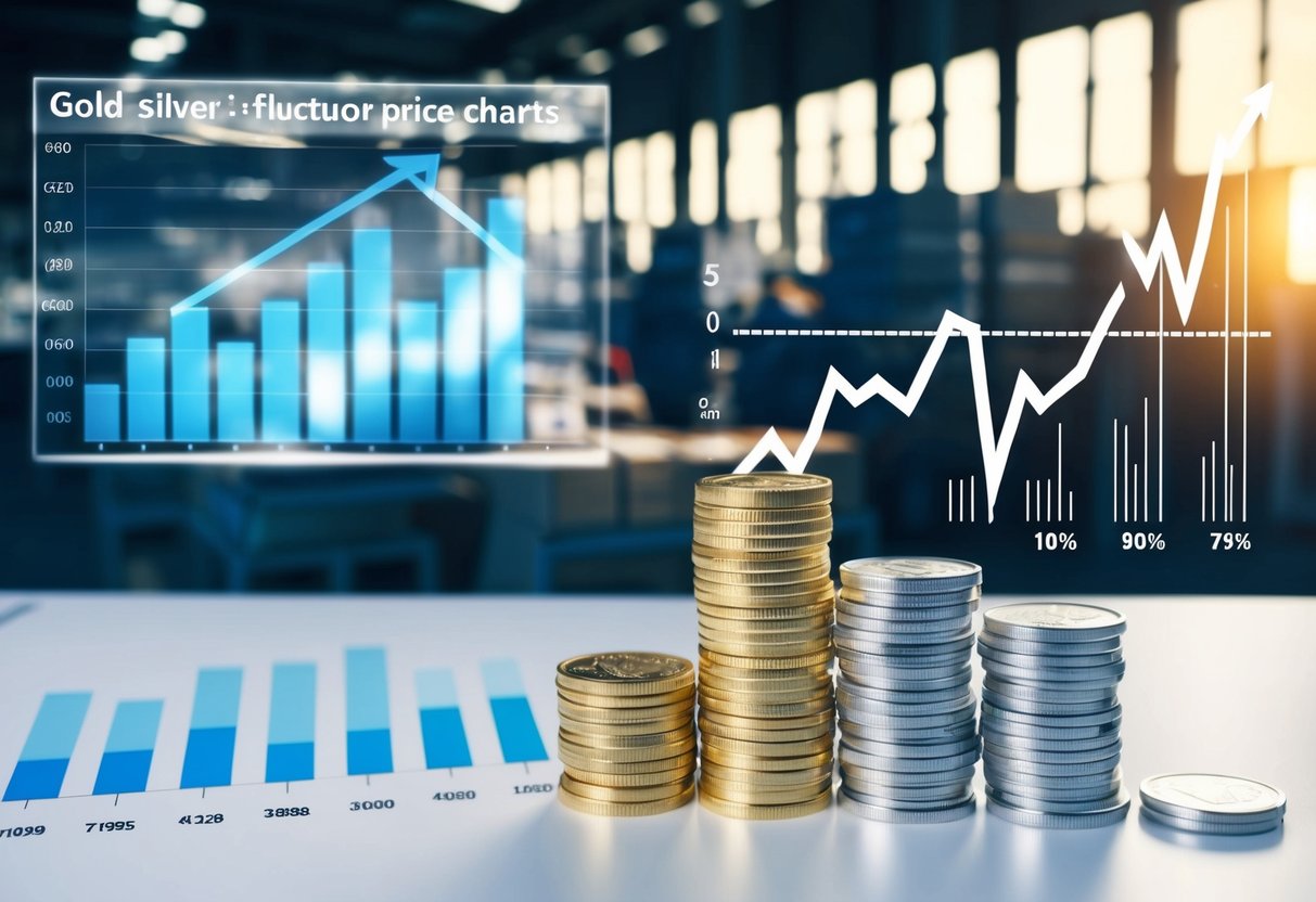 gold and silver coins on a desk with a chart showing increasing prices