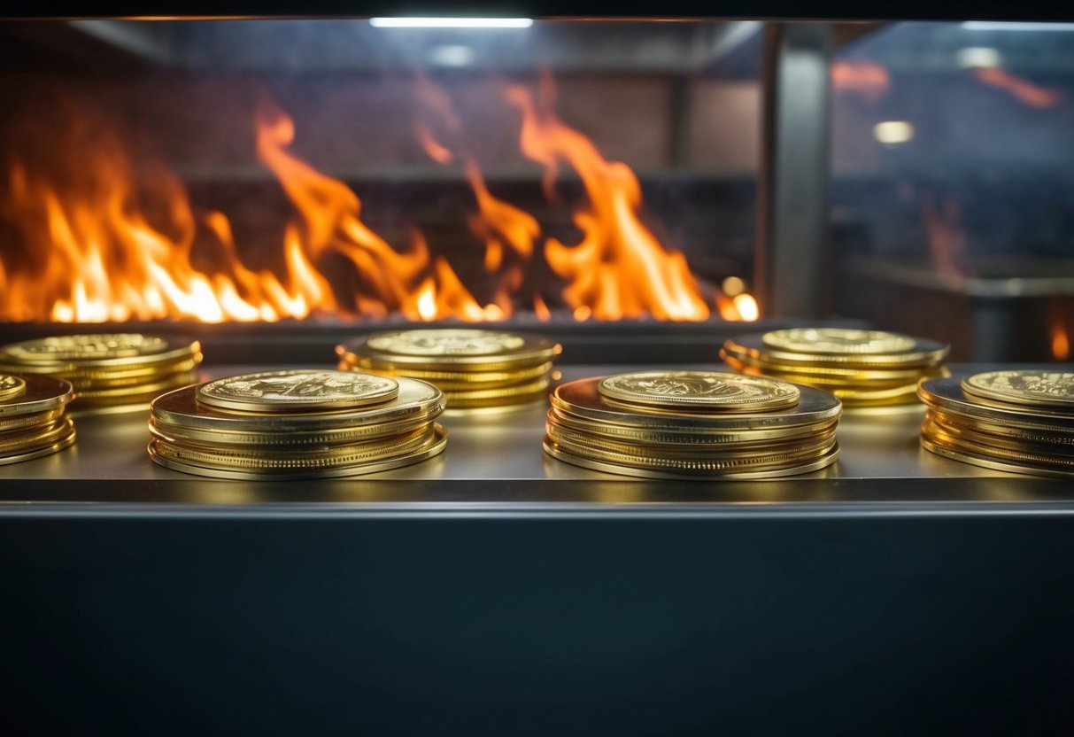 gold coins with a fire in the background