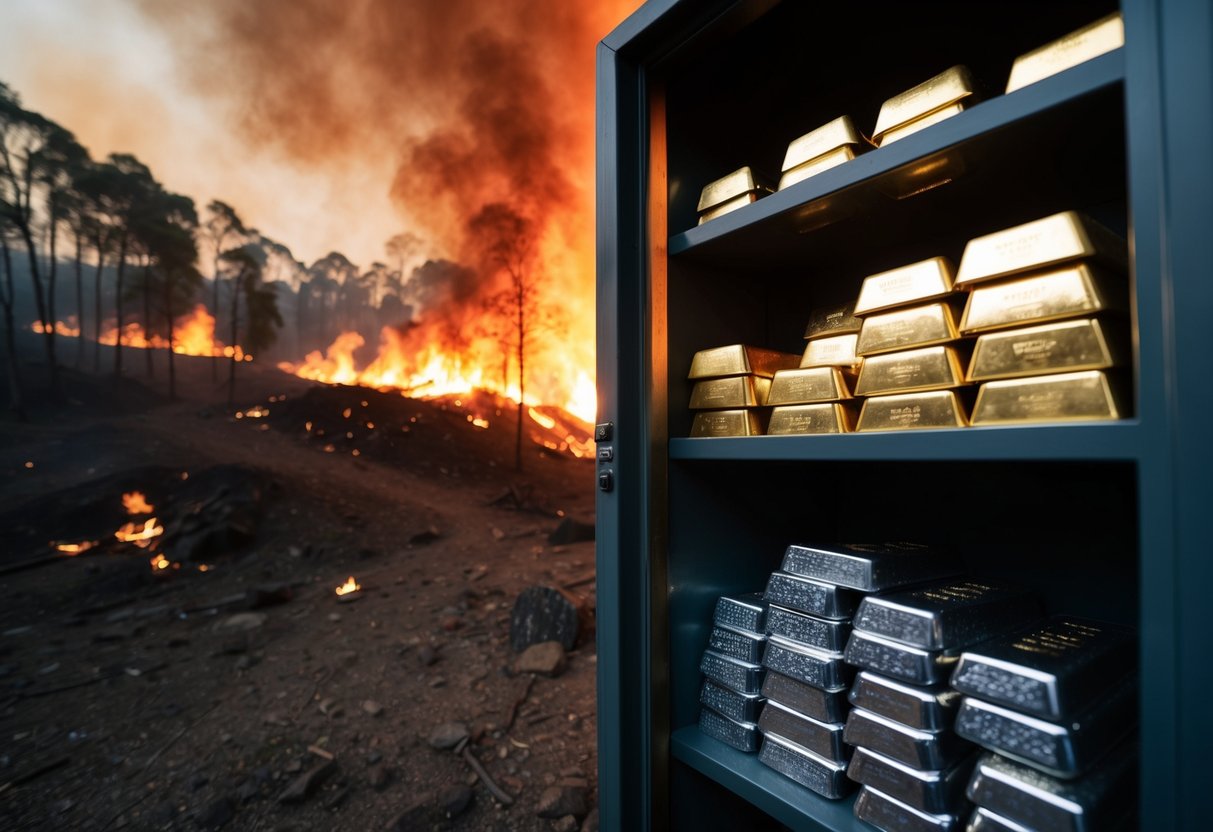 safe open with gold and silver bars in the forest which is on fire