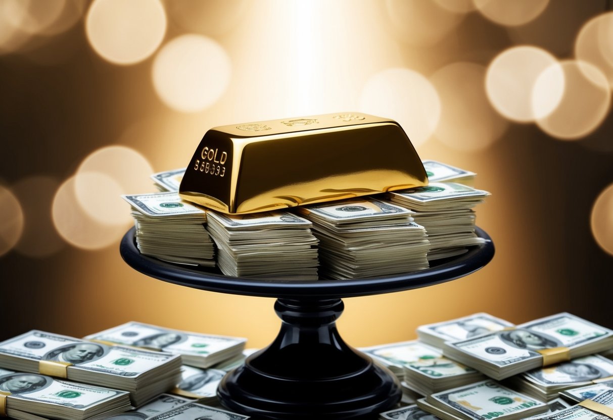 gold bar on top of stacks of cash