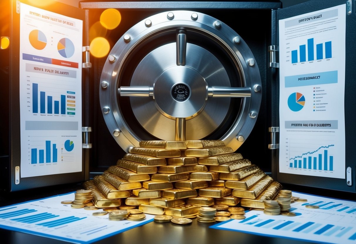 gold bars and coins on a table outside of a safe