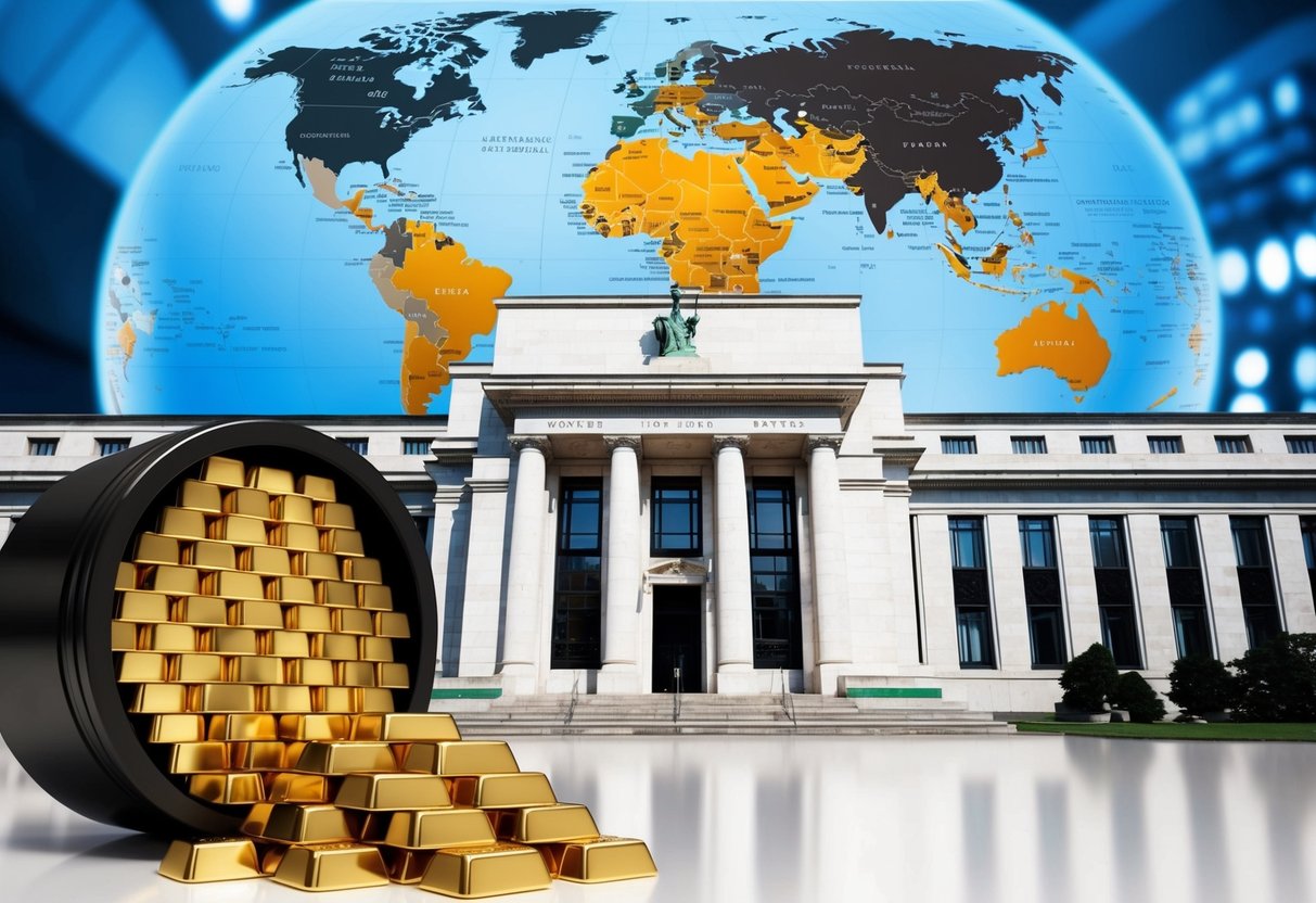 gold bars at the fed reserve with the globe in the background