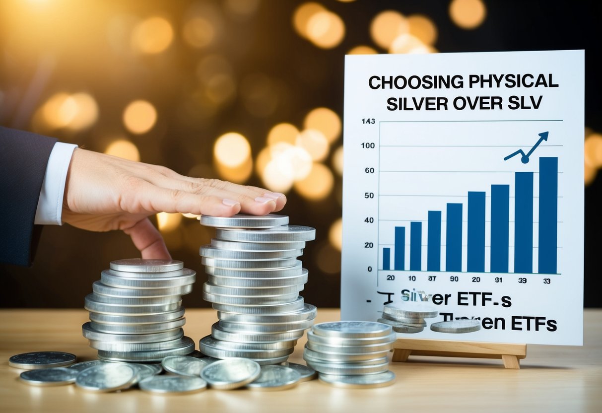 image of chart that says why physical silver over a silver etf with silver coins in the foreground